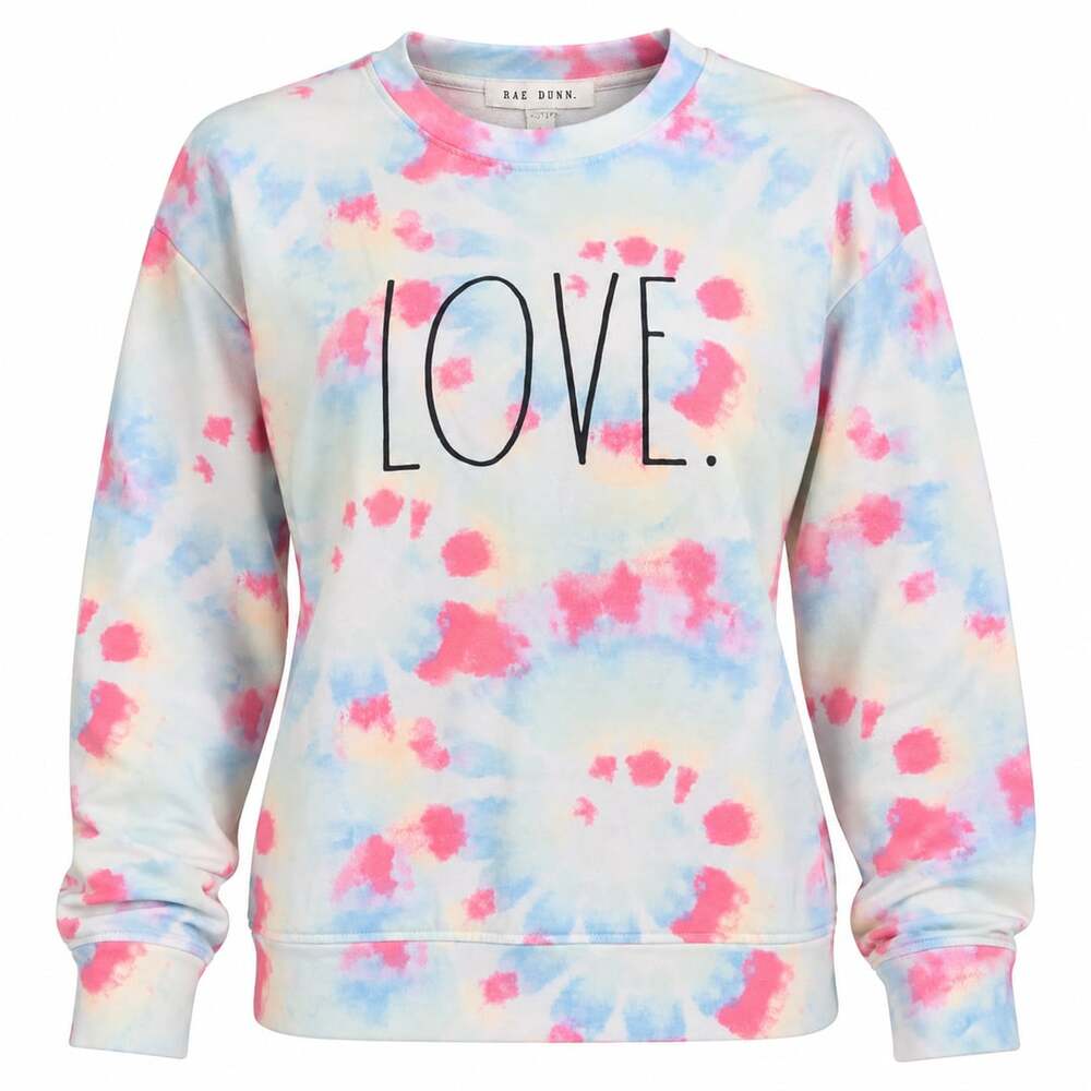 Rae Dunn LOVE Tie Dye Sweatshirt Womens XS Pastel Pink Blue Crewneck